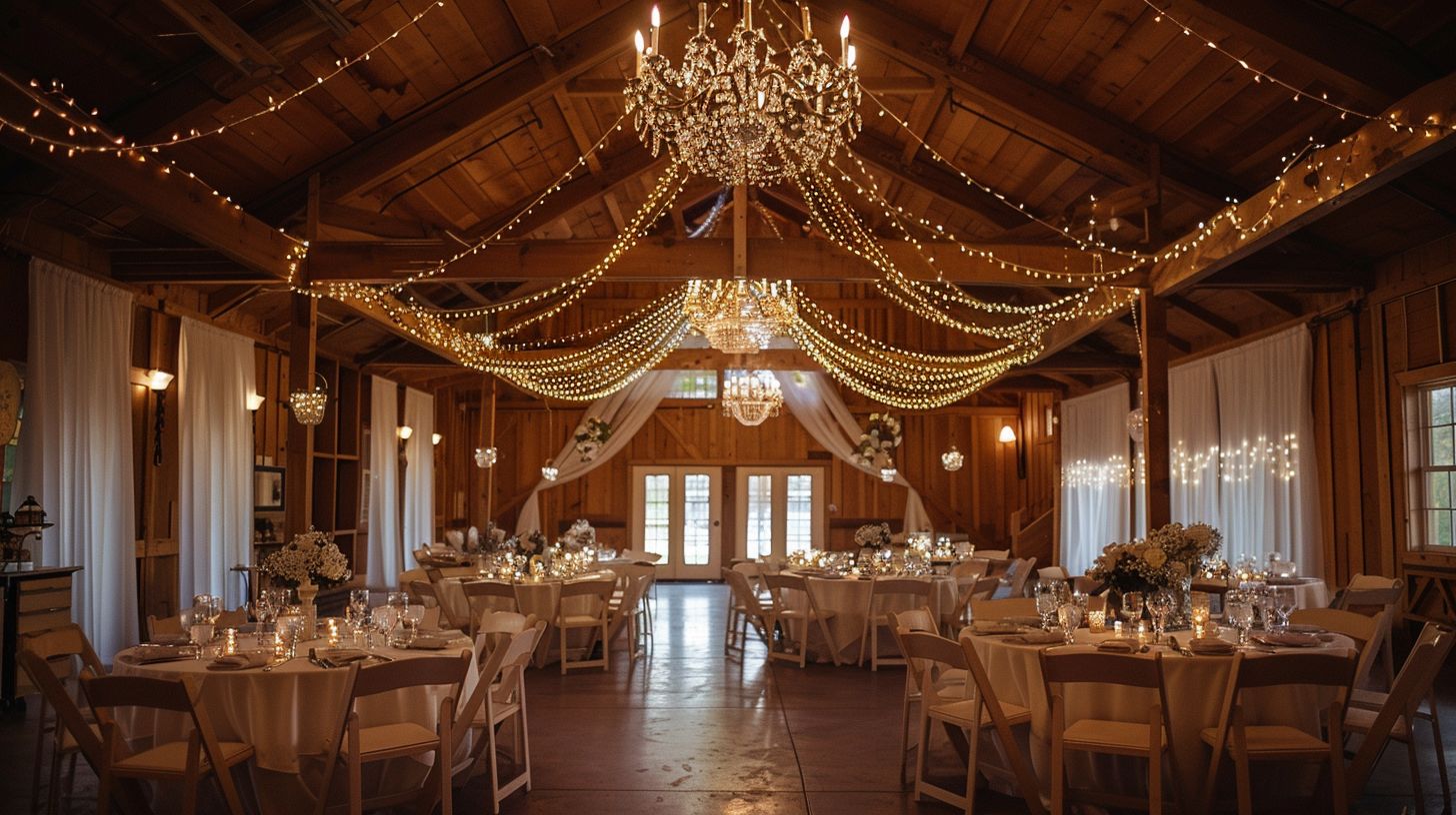 The wedding venue was elegantly decorated with landscape photography and soft lighting.