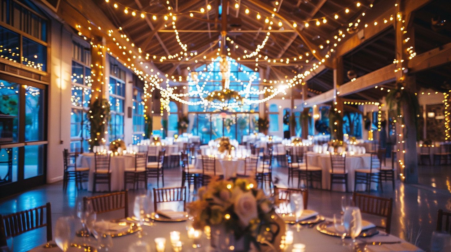 The wedding venue was elegantly decorated with landscape photography and soft lighting.
