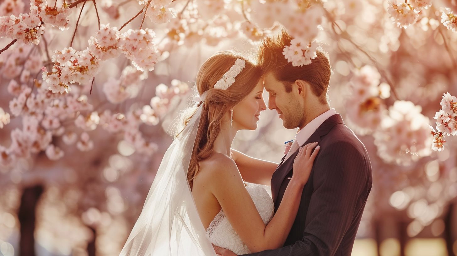 A bride and groom embrace under a cherry blossom tree.