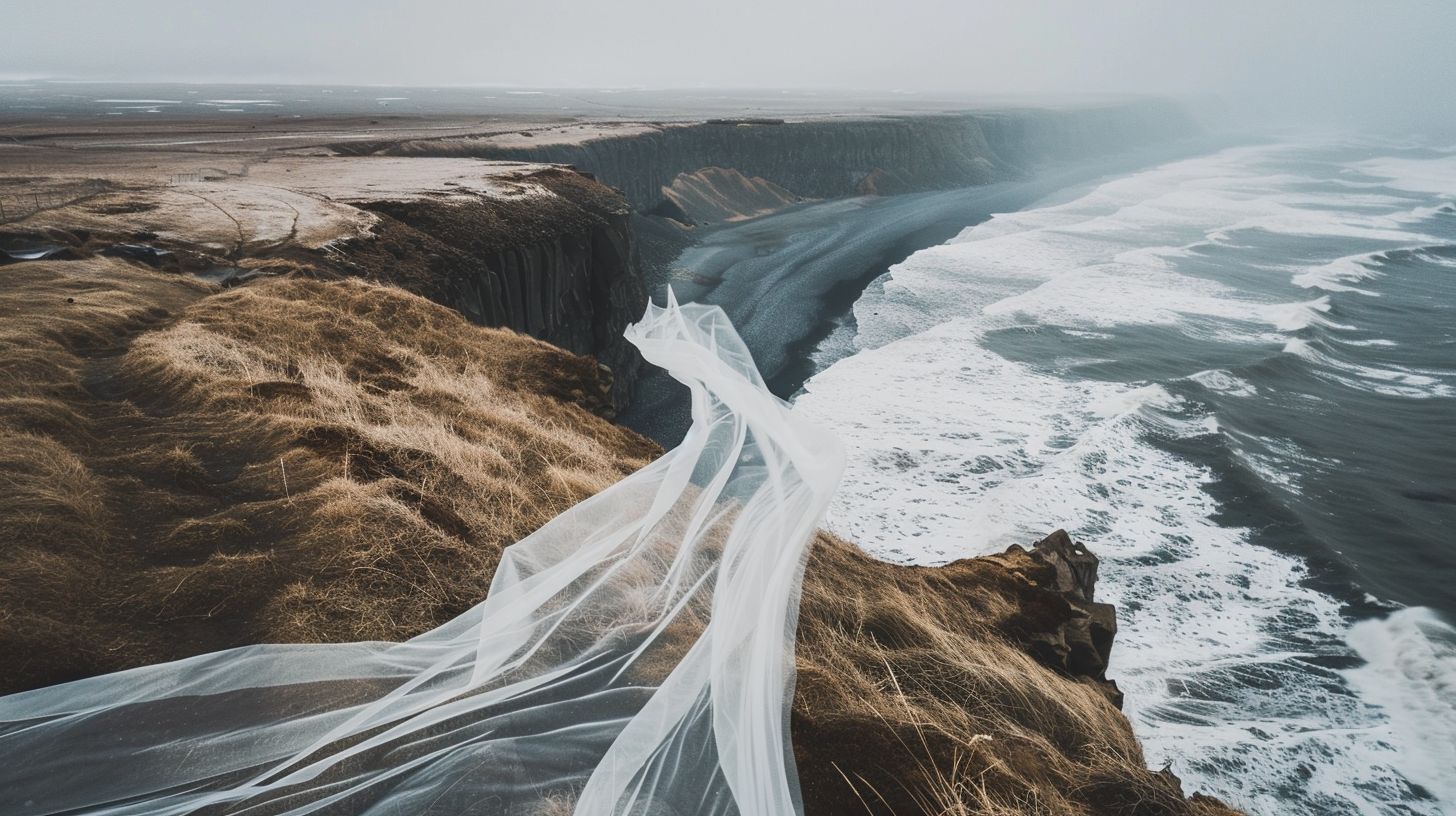 A bridal veil floating on a rugged coastline in nature.