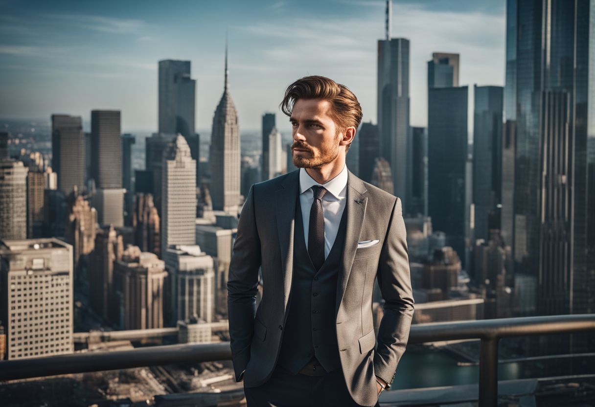 A man in a sharp suit standing confidently against a city skyline.