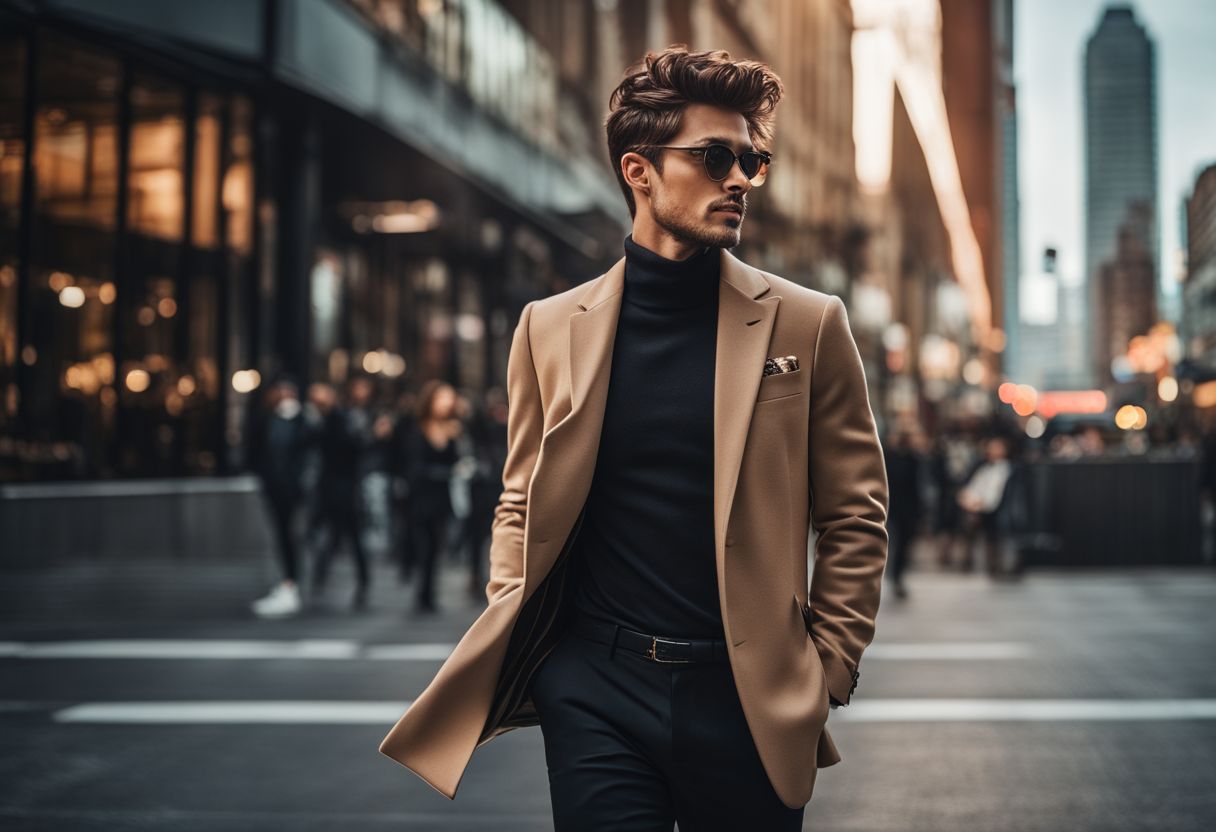 A stylish person confidently walks through a modern urban environment.