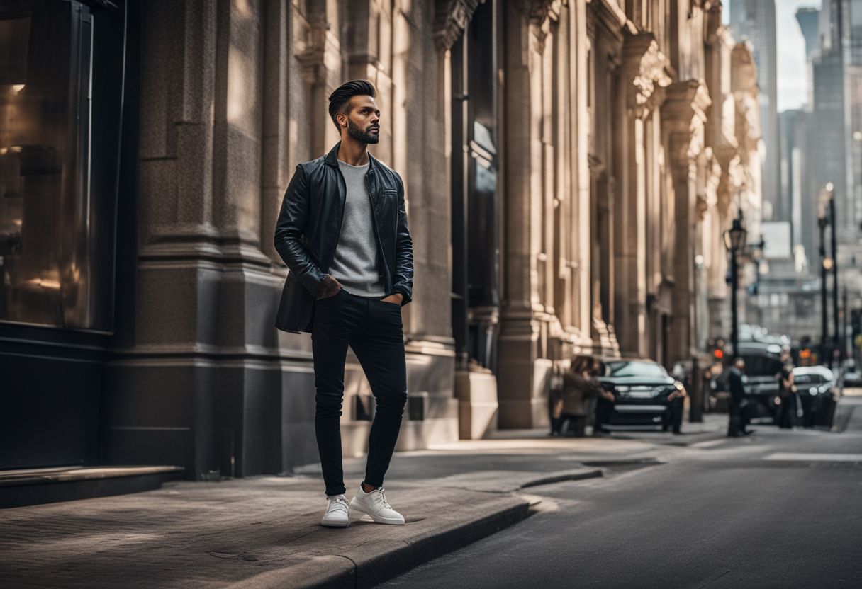 A man confidently poses in urban settings showcasing different styles.