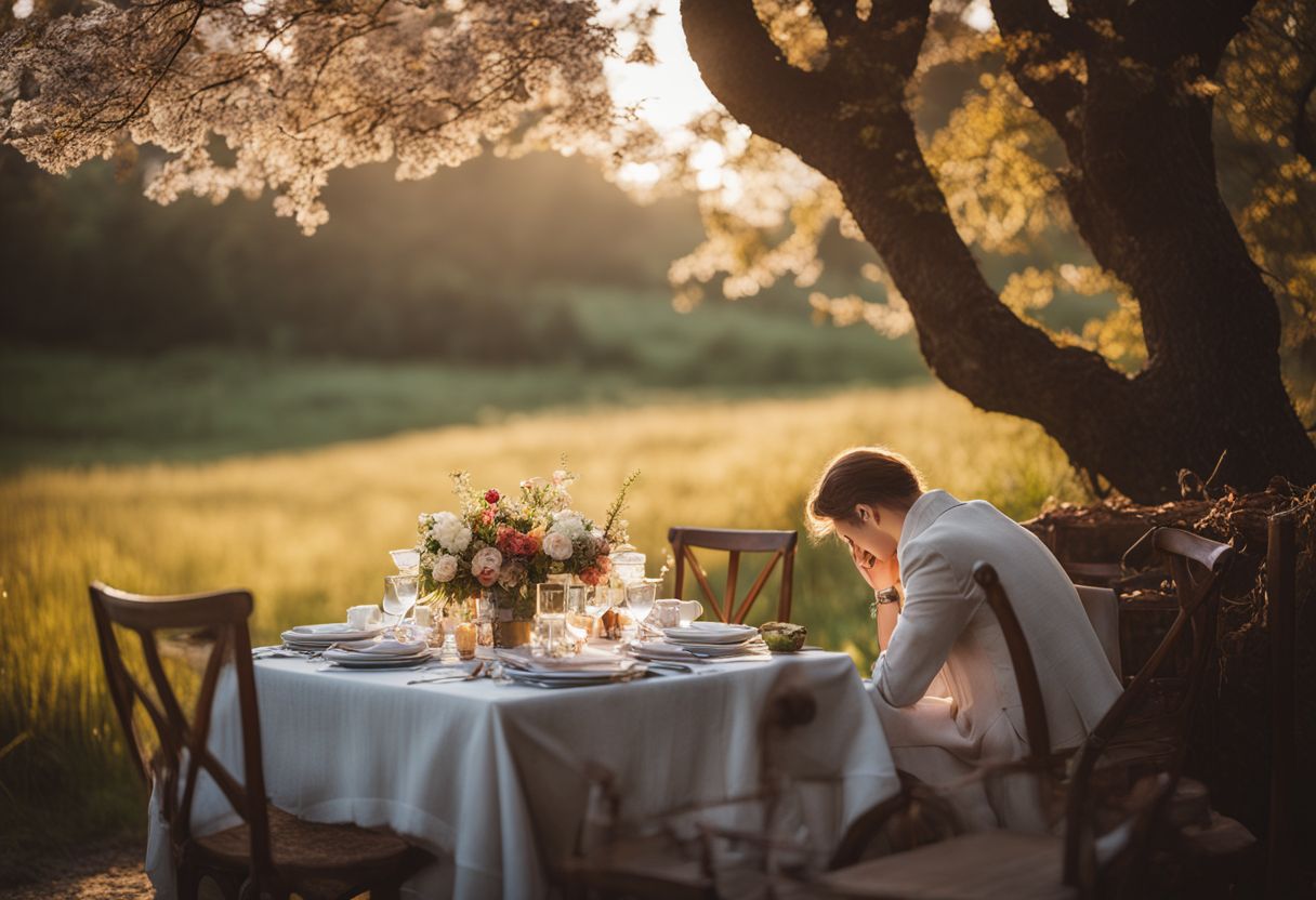 A beautifully set table for two in a romantic outdoor setting.