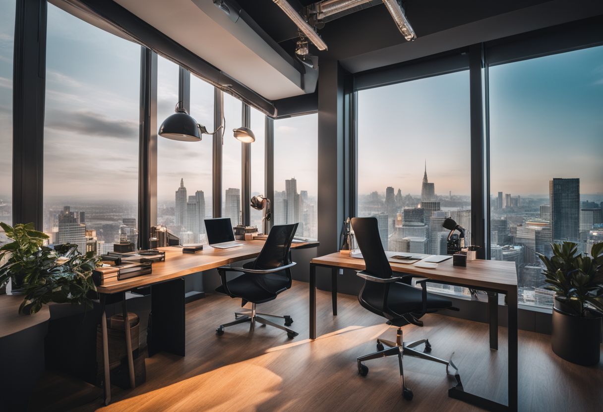 A modern workspace with diverse people and cityscape photography.