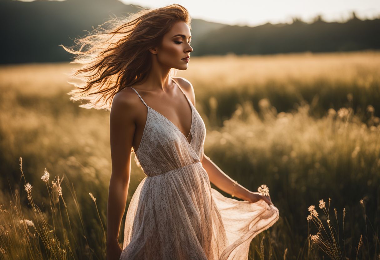 A woman twirls in a meadow wearing various outfits, captured in high quality.