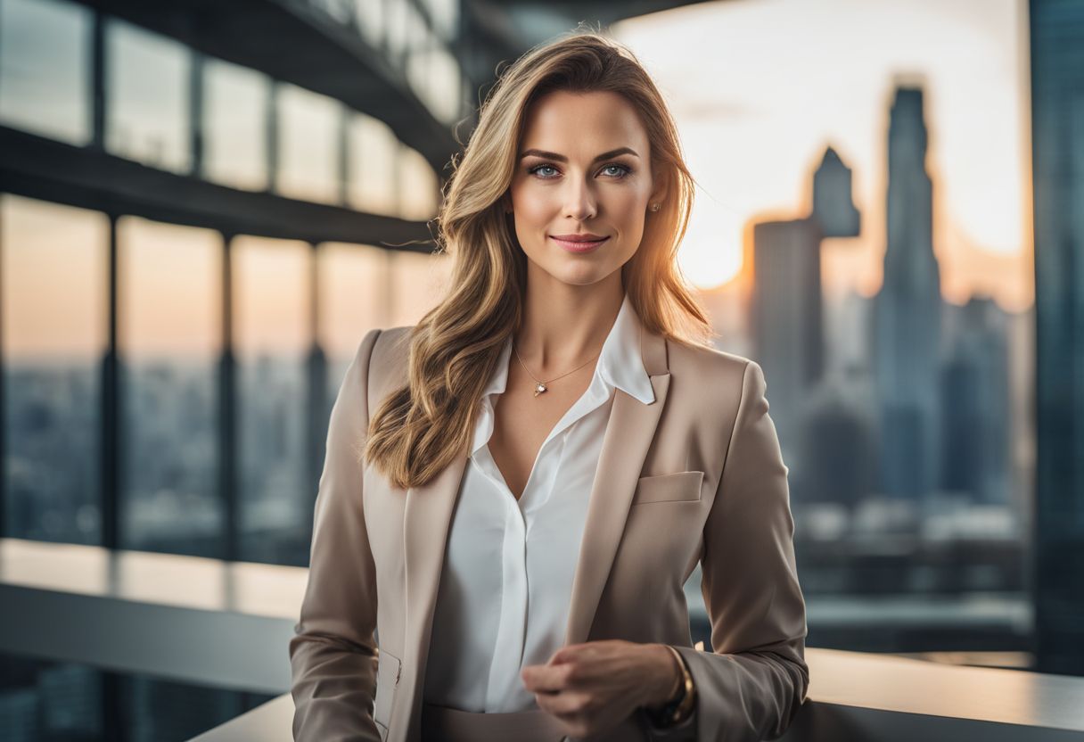 A confident businesswoman in a modern office with city skyline.