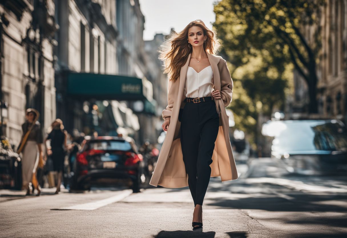 A model confidently struts down a city street in a chic outfit.