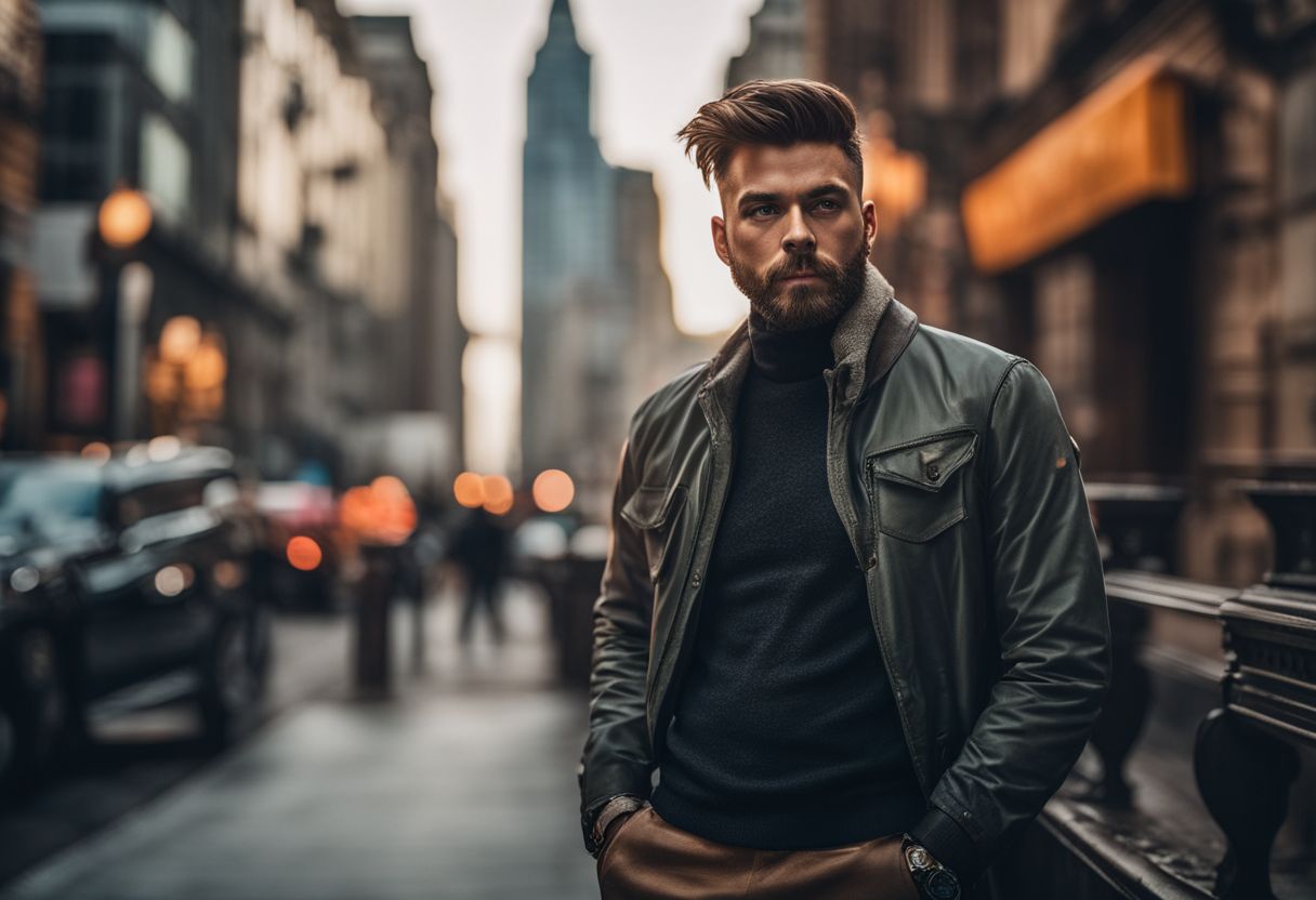 A confident man in urban setting with diverse looks and styles.