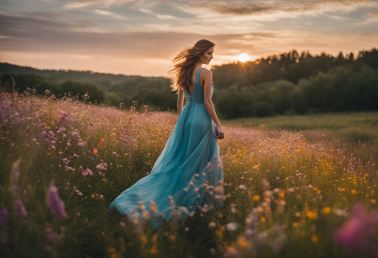 A woman in a flowing dress stands in a field of wildflowers.
