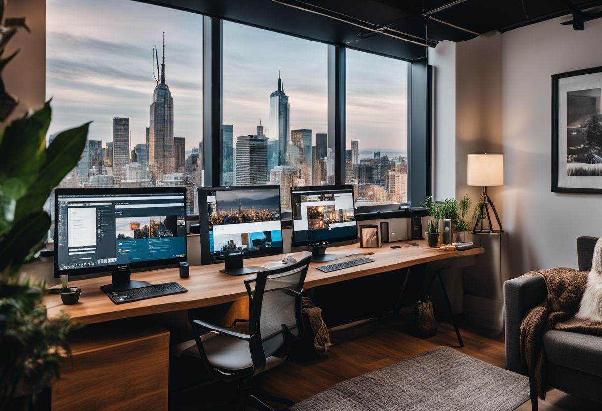 A modern workspace with a laptop, stylish decor and cityscape photography.