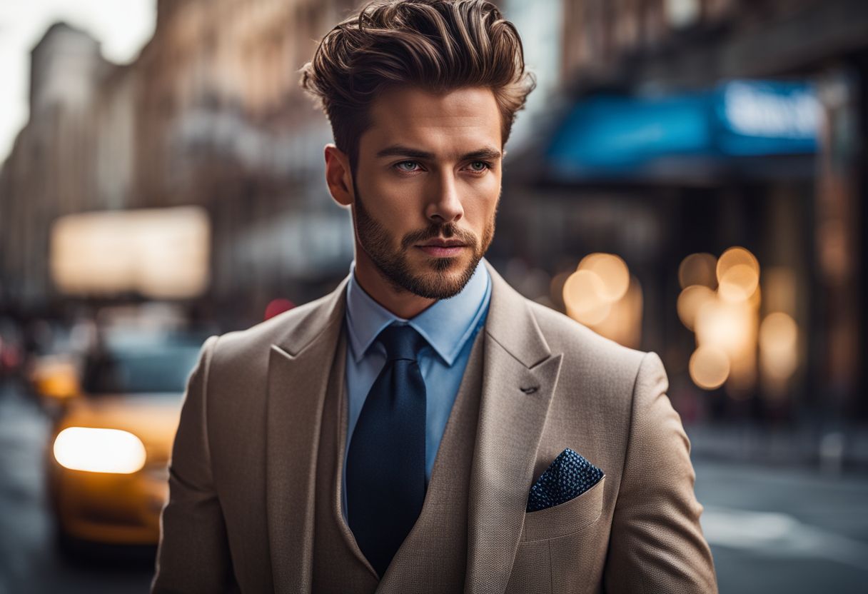 A stylish man in various urban settings with different outfits and hairstyles.