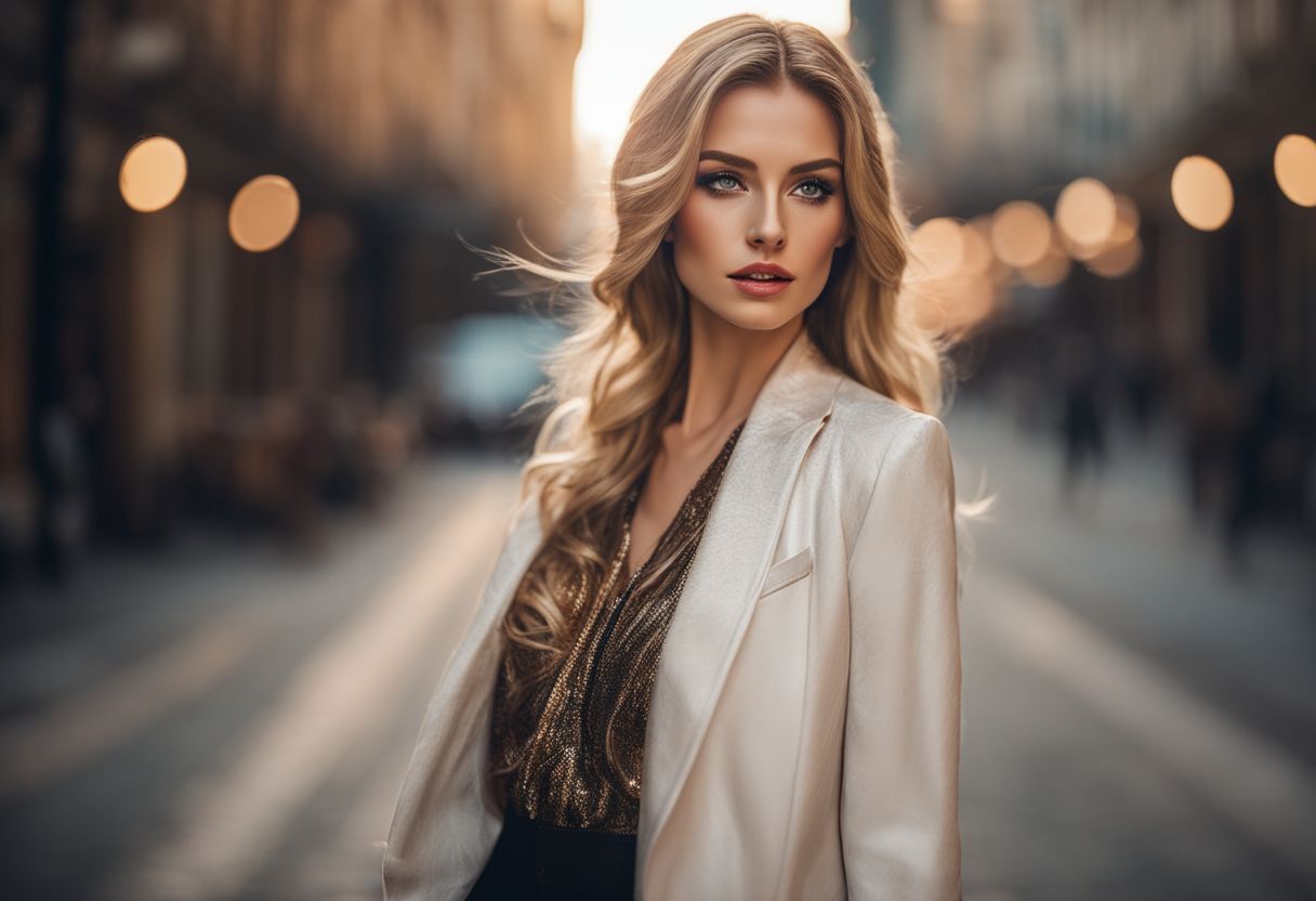 A stylishly dressed woman poses in an urban cityscape setting.