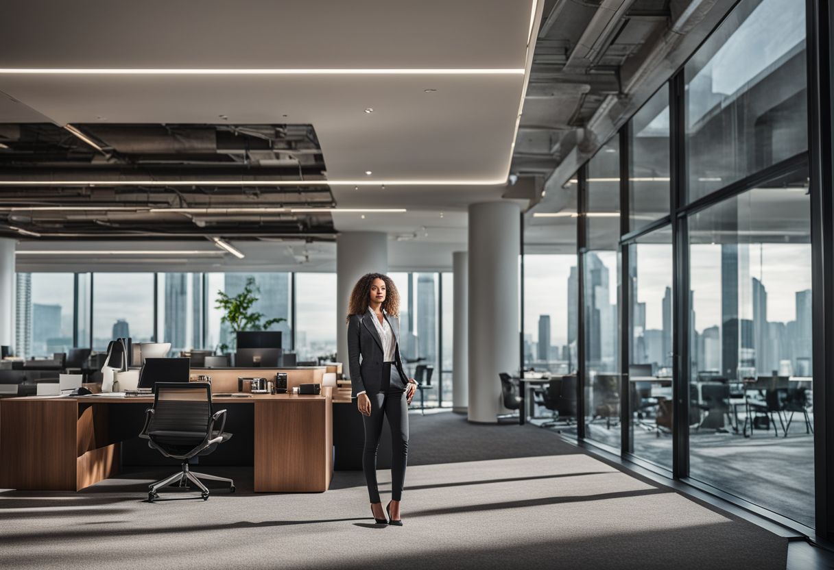 A confident professional stands in a modern office space.