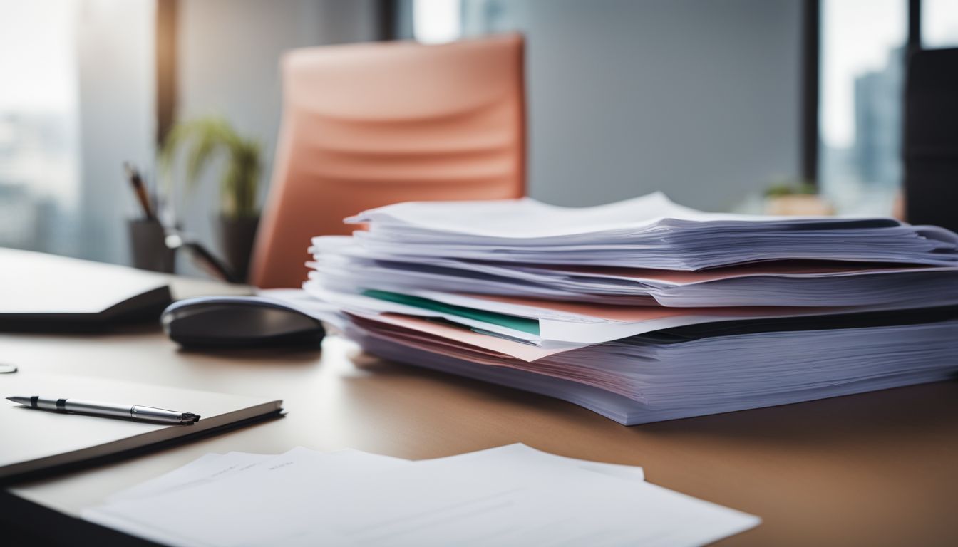 A stack of financial documents on a clean, organized desk in a modern office.