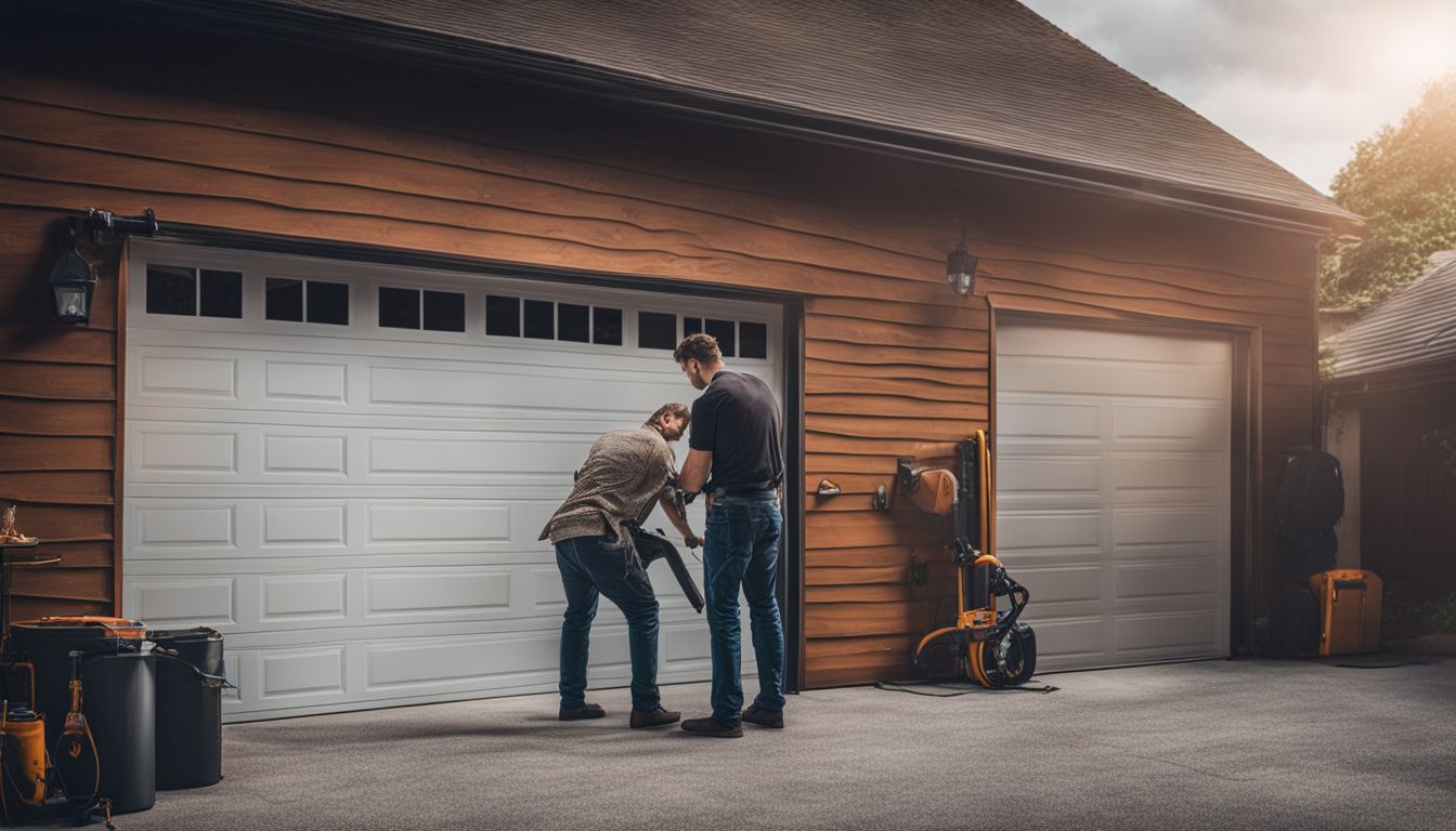 A professional technician assesses the security of a newly installed garage door in a bustling atmosphere. Garage Door Installation