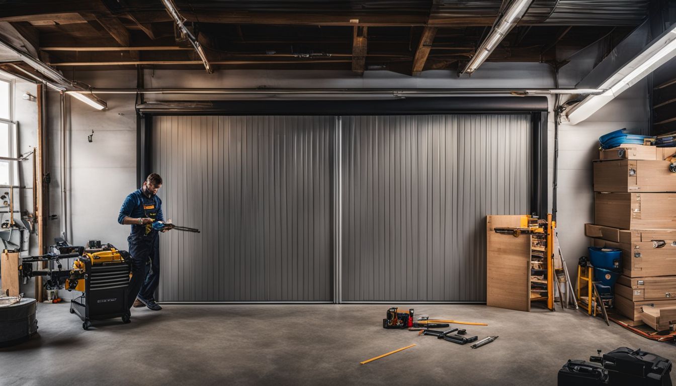 A photo of a busy workplace with tools and equipment being used to install a garage door. Garage Door Installation