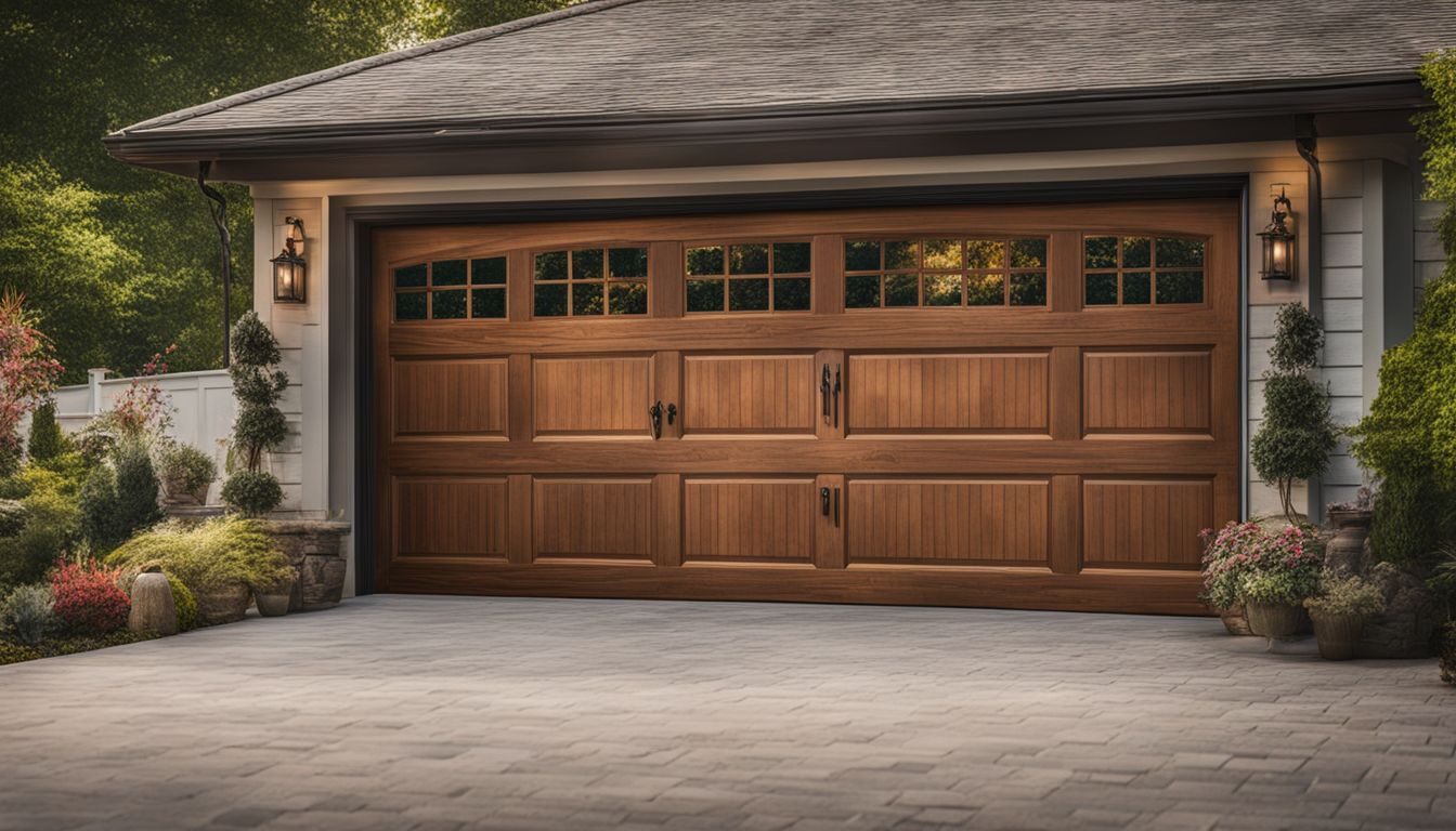The photo showcases a sturdy garage door surrounded by repair tools and positive customer reviews. Garage Door Repair