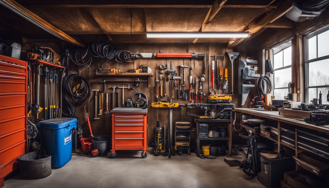 A well-maintained garage door mechanism surrounded by tools and safety equipment. Garage Door Repair