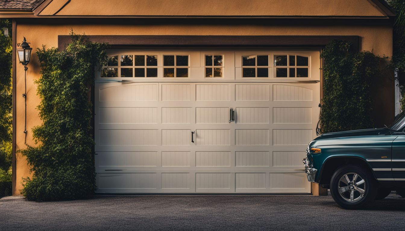A well-maintained garage door with tools and equipment in a bustling atmosphere. Garage Door Maintenance