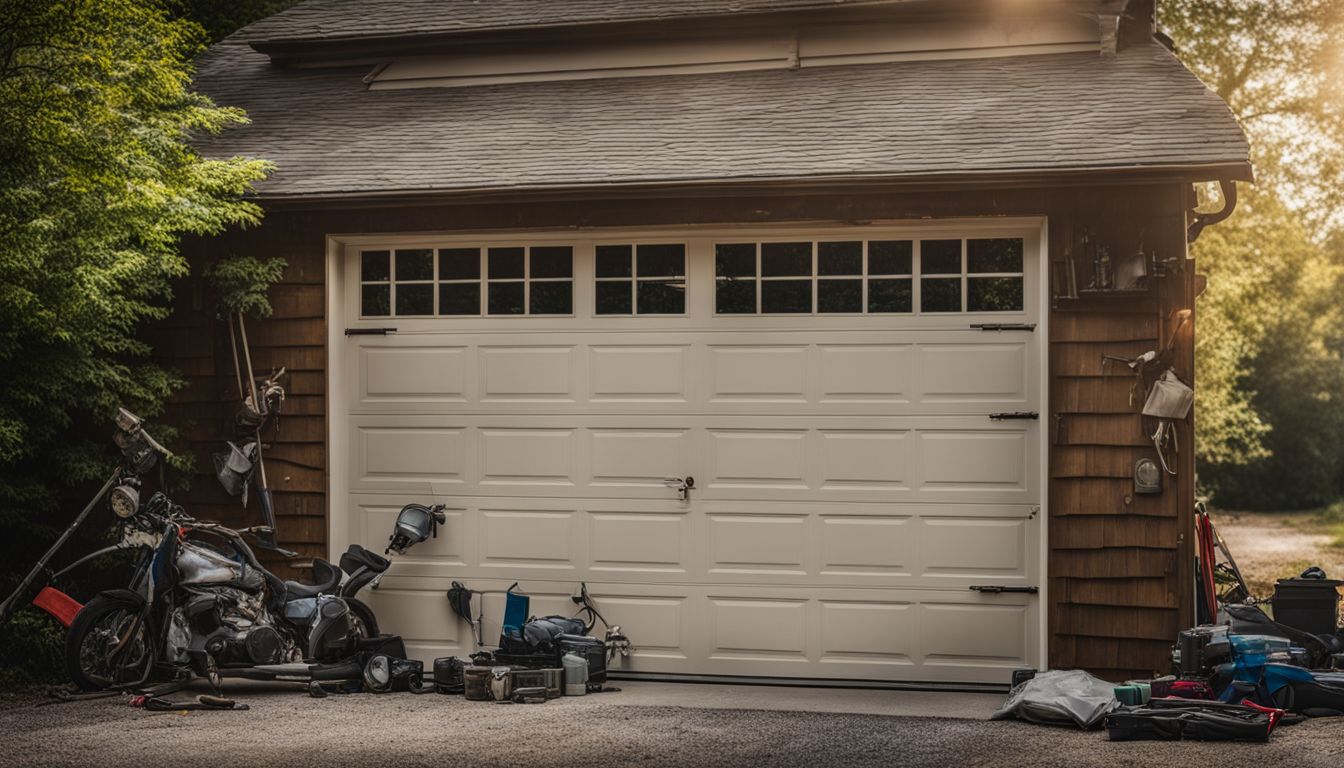 A damaged garage door surrounded by tools and equipment, with a bustling atmosphere and no humans in sight. Garage Door Repair