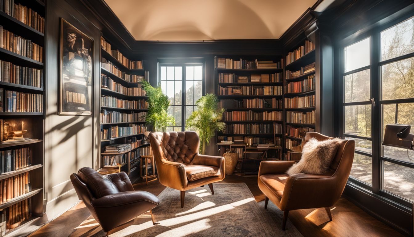 A cozy armchair in a sunlit library surrounded by motivational books.