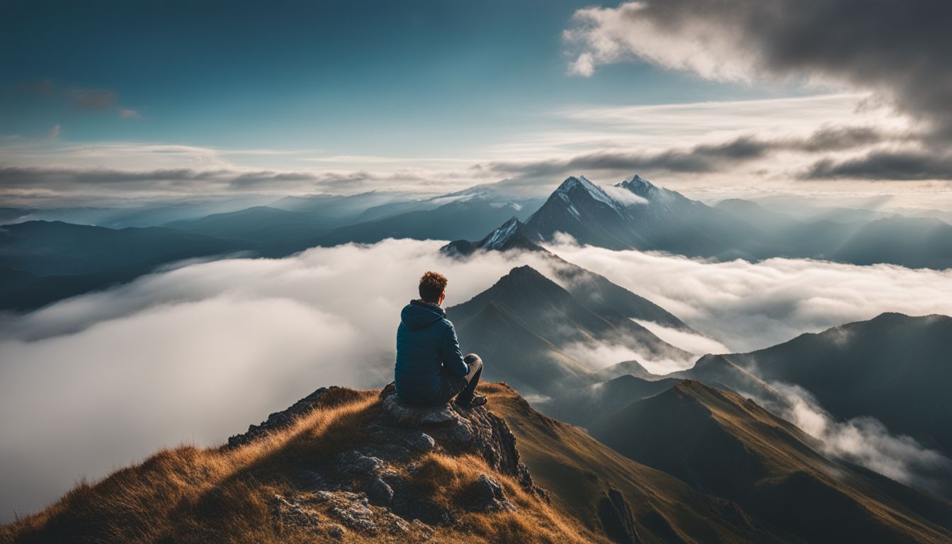 A person sits on a serene mountain peak surrounded by clouds.