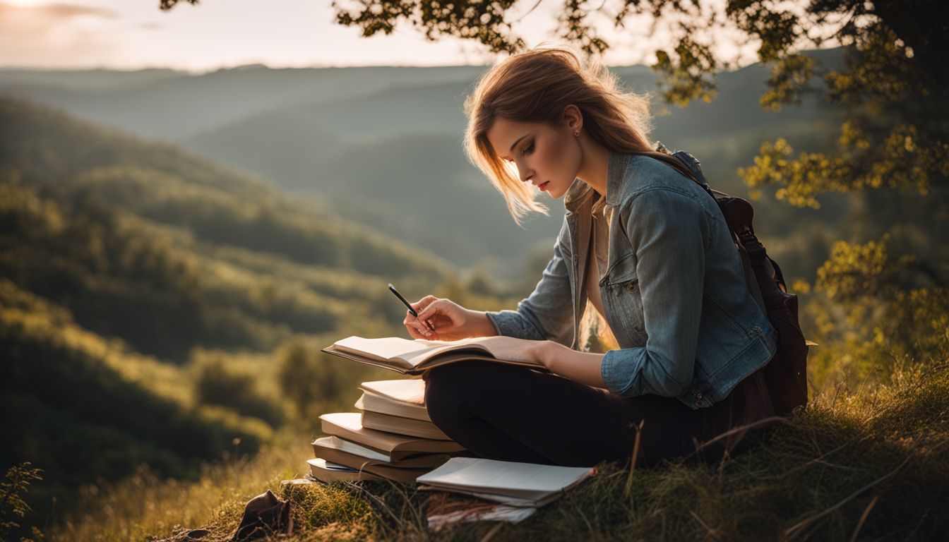 A person sitting on a hill surrounded by books and journals.