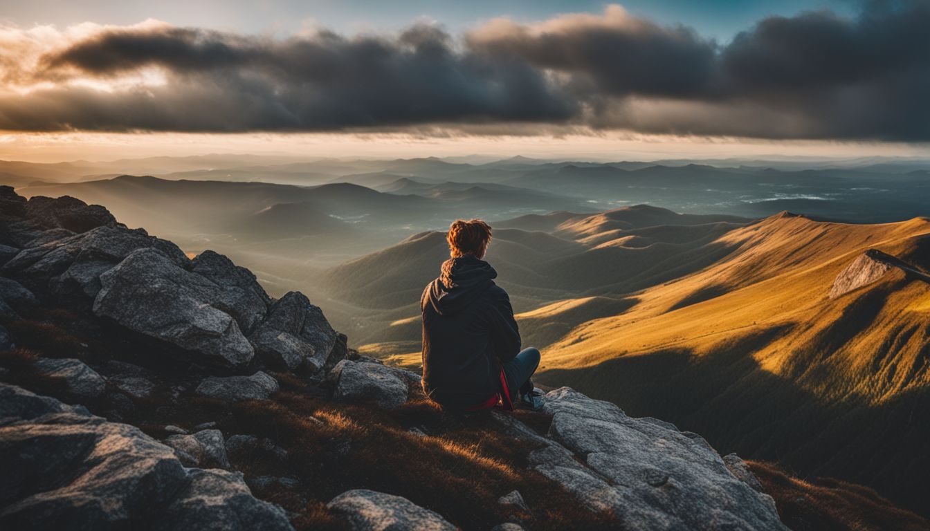 A person enjoying the view from a mountain summit.