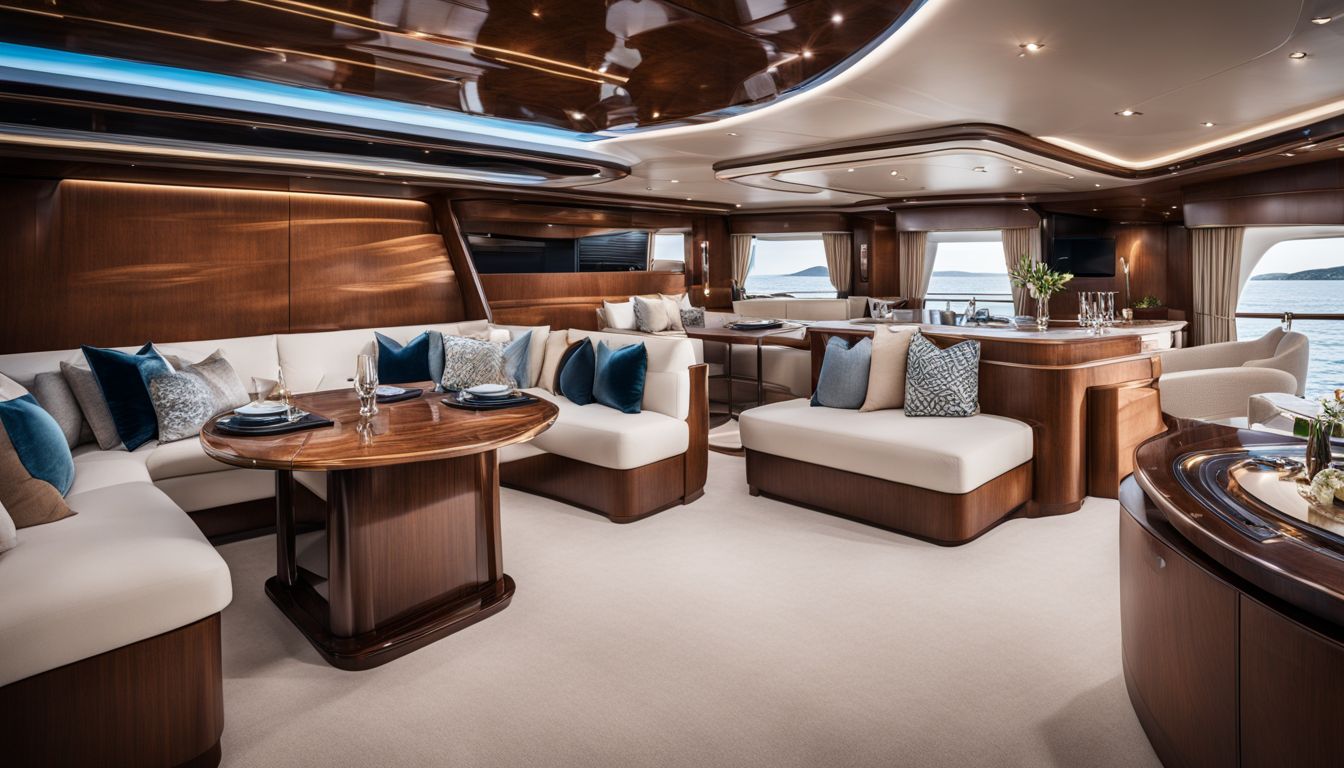 A modern luxurious yacht interior with diverse people and stylish design.