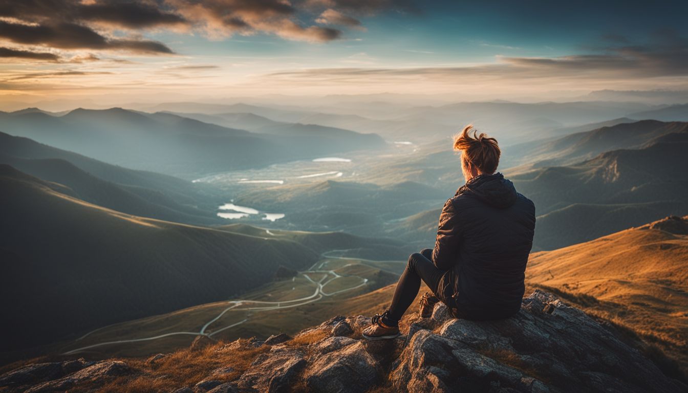 A person sitting on a mountaintop overlooking a beautiful landscape.