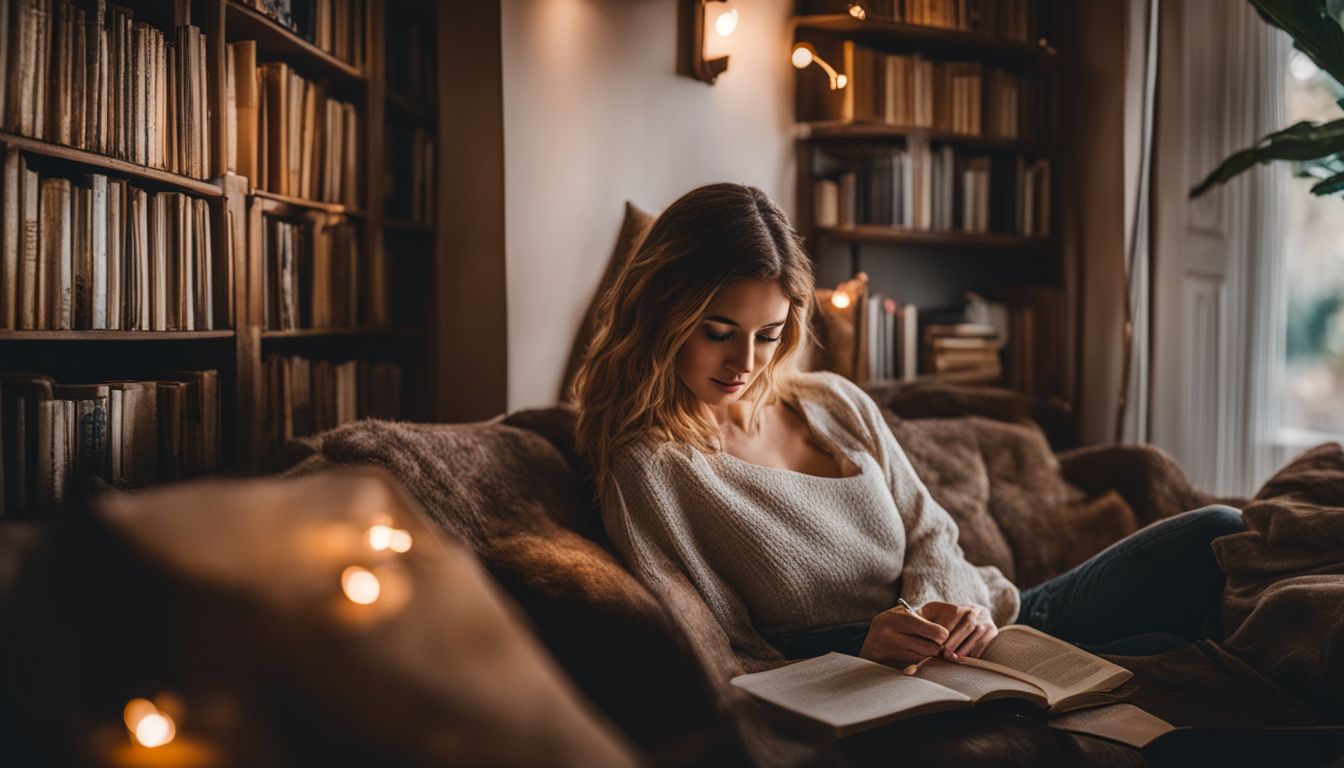 A person enjoying a cozy reading nook surrounded by motivational books.