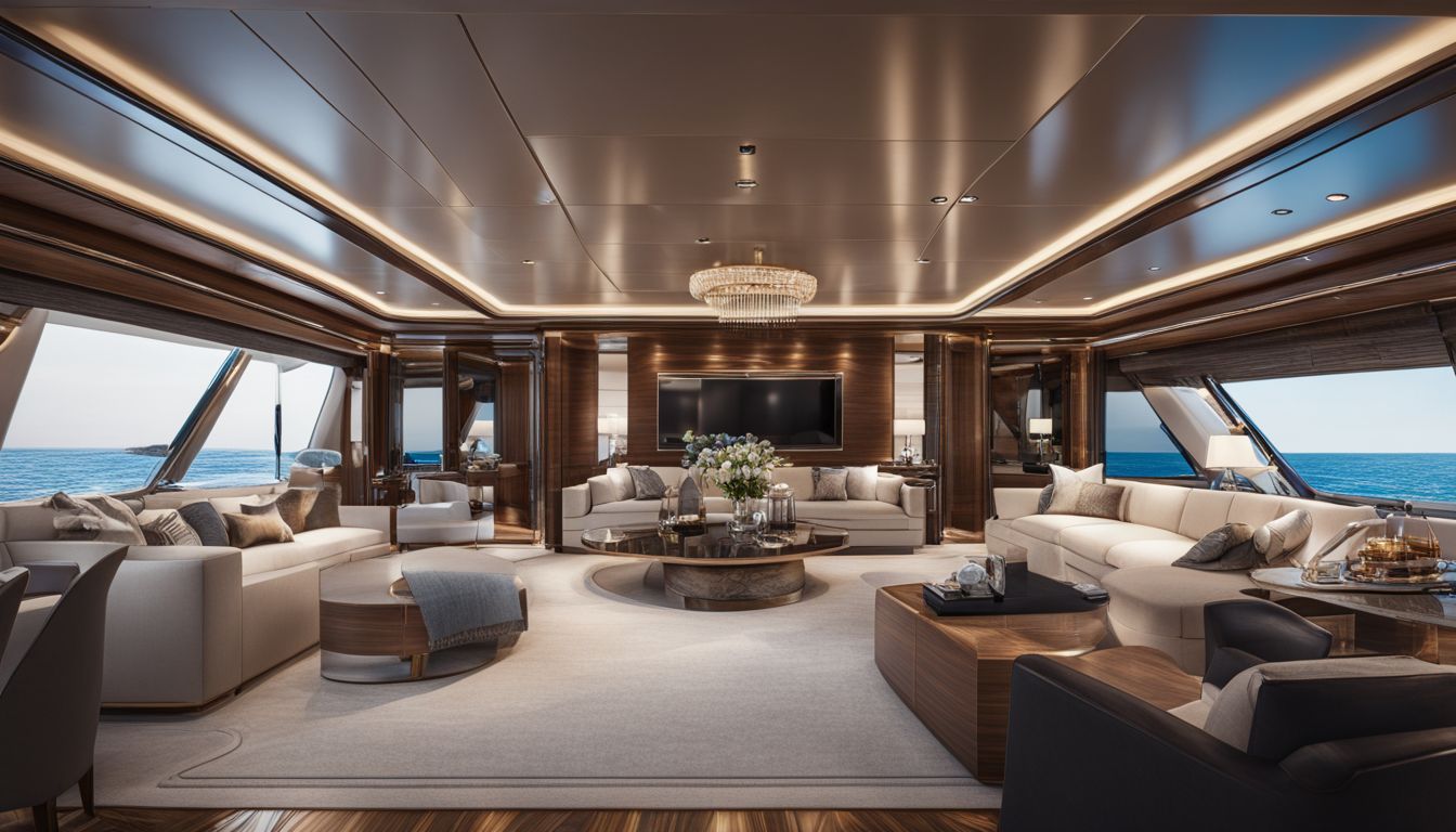 Luxury yacht interior with detailed floor plan and diverse styles.