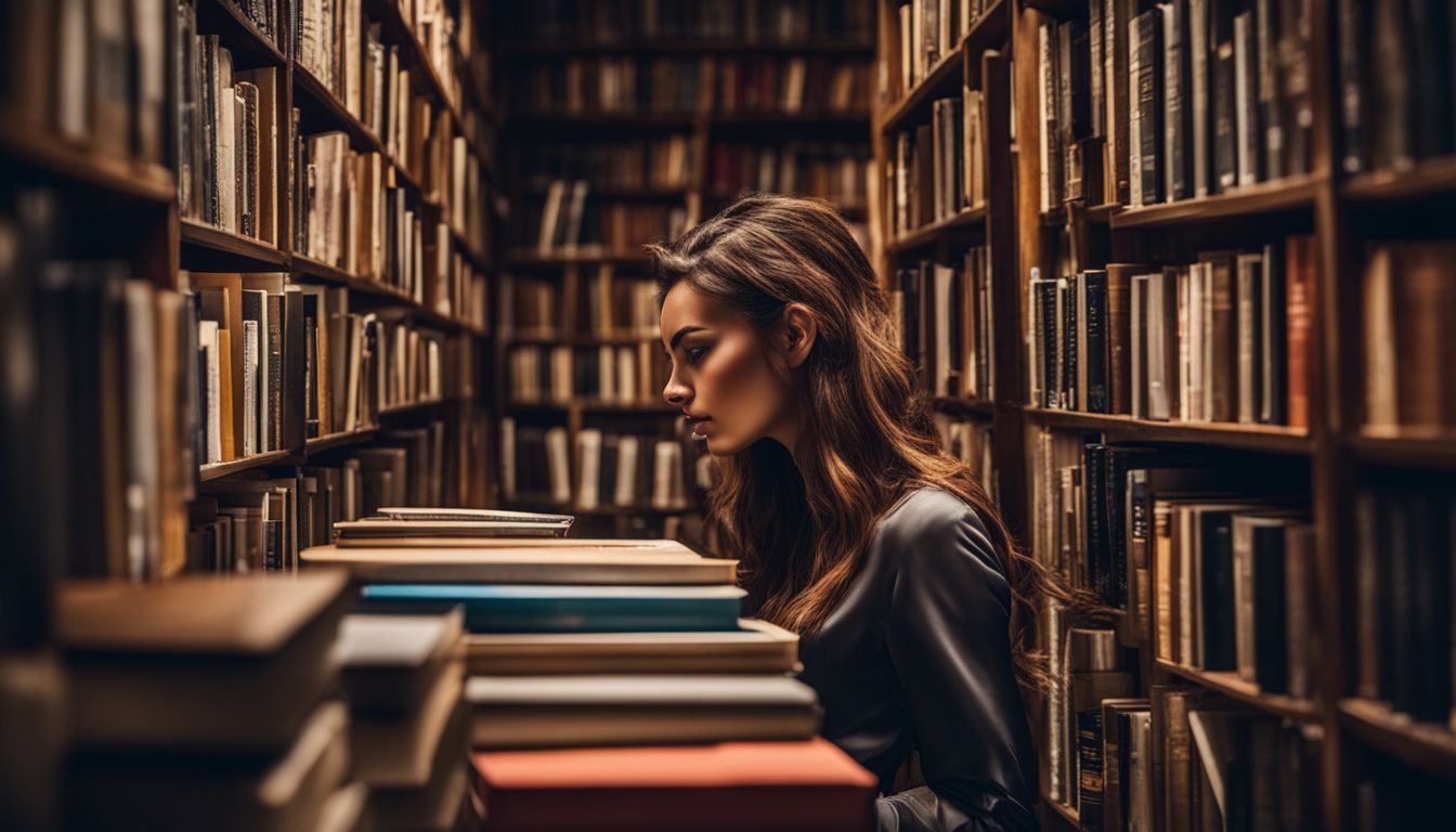 A person feeling overwhelmed surrounded by motivational books in a library.