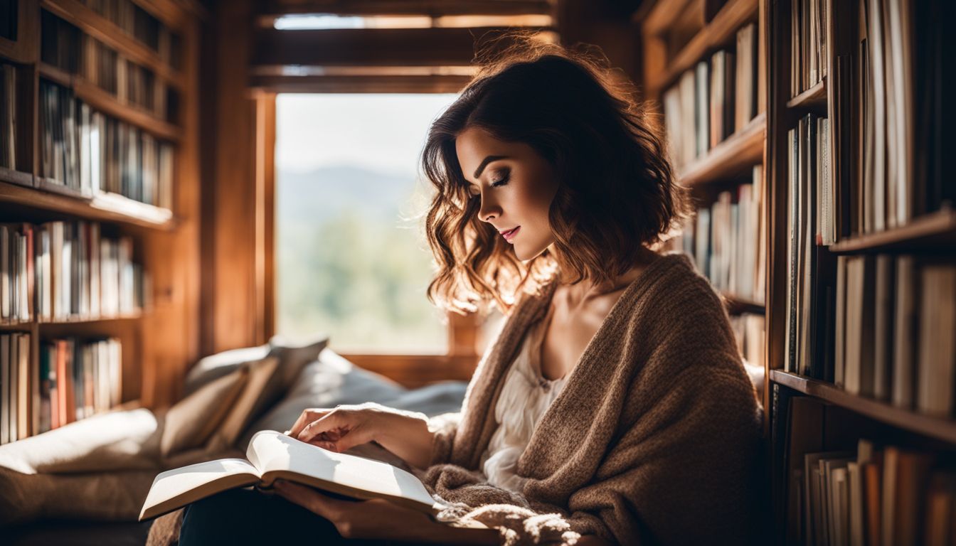 A woman in a reading nook surrounded by motivational books and nature photography.