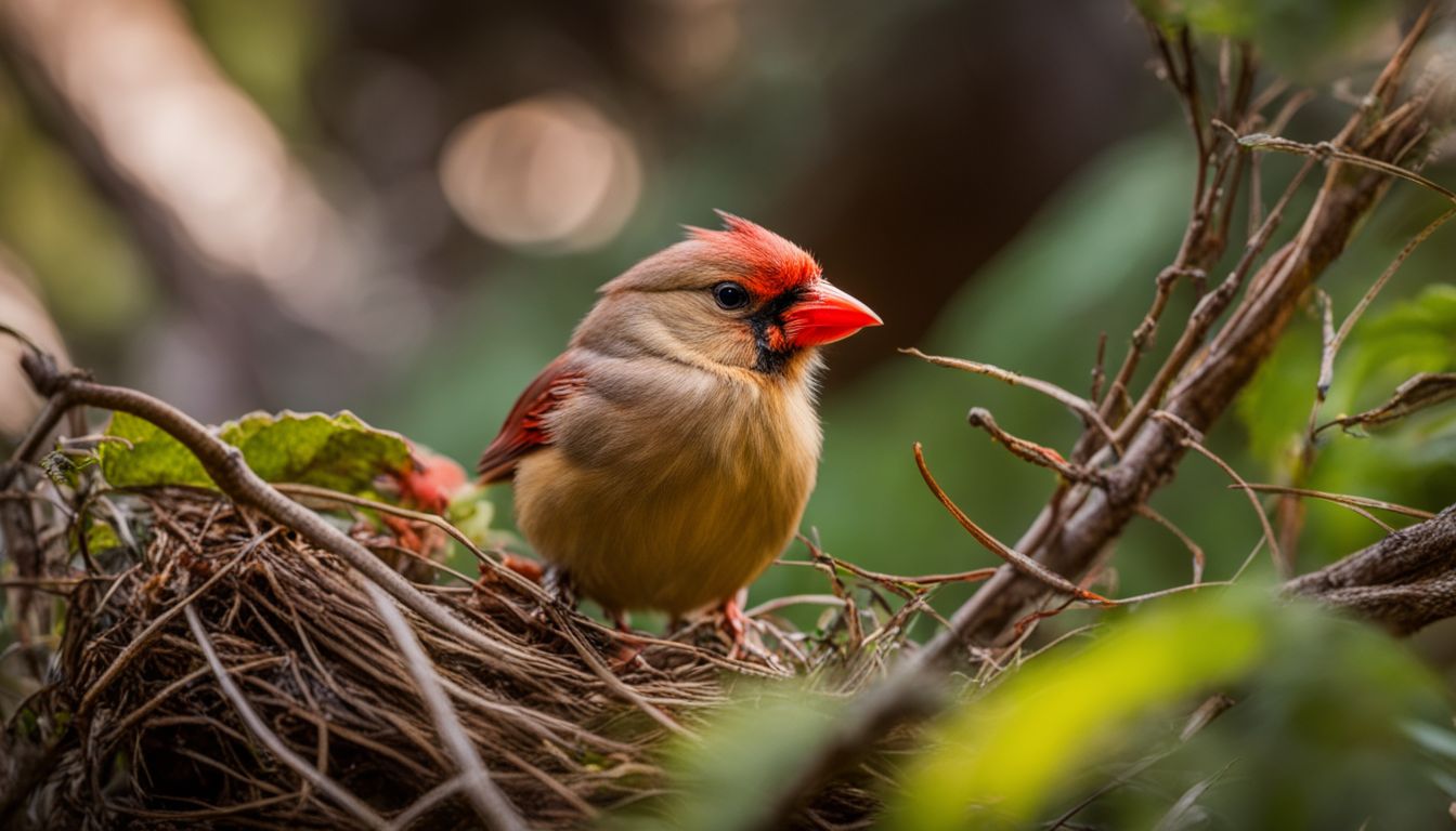 A baby cardinal in a nest surrounded by vibrant leaves.