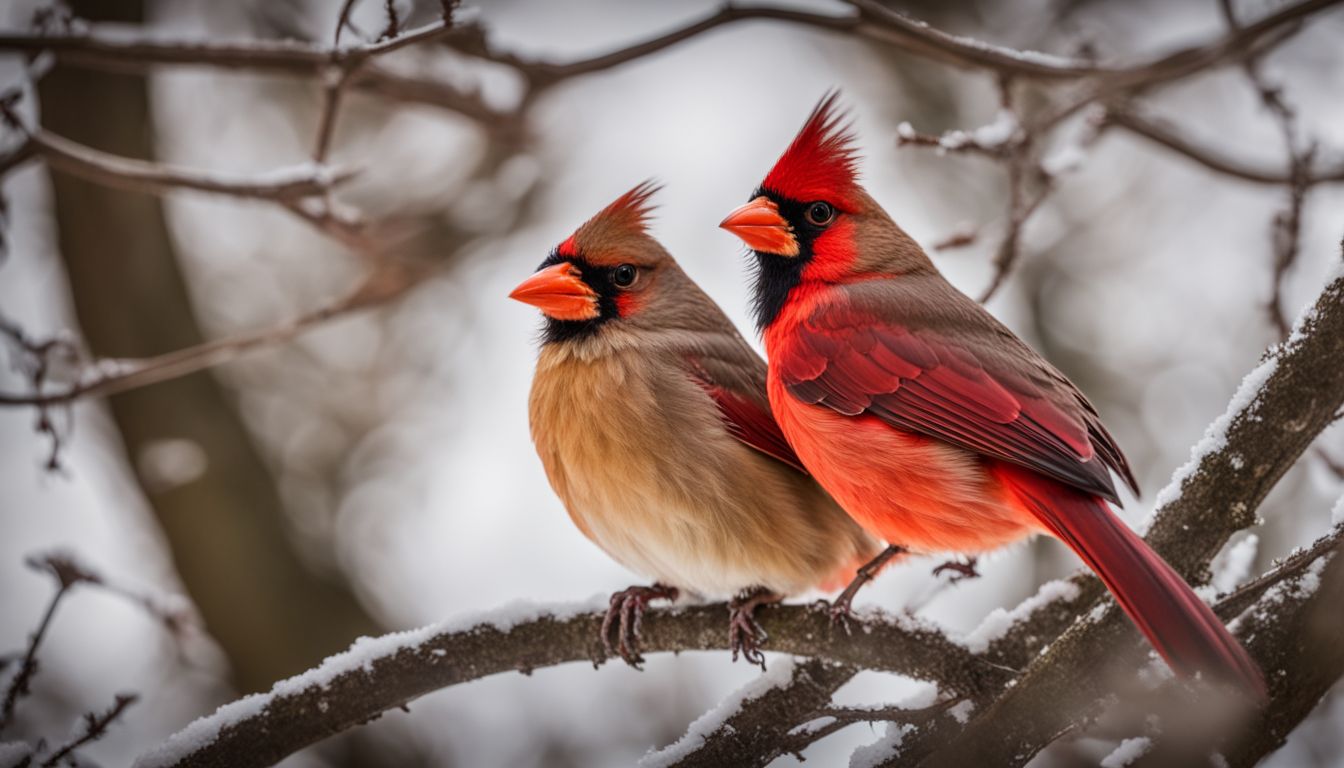 A male and female cardinal perched on separate branches in a backyard garden.