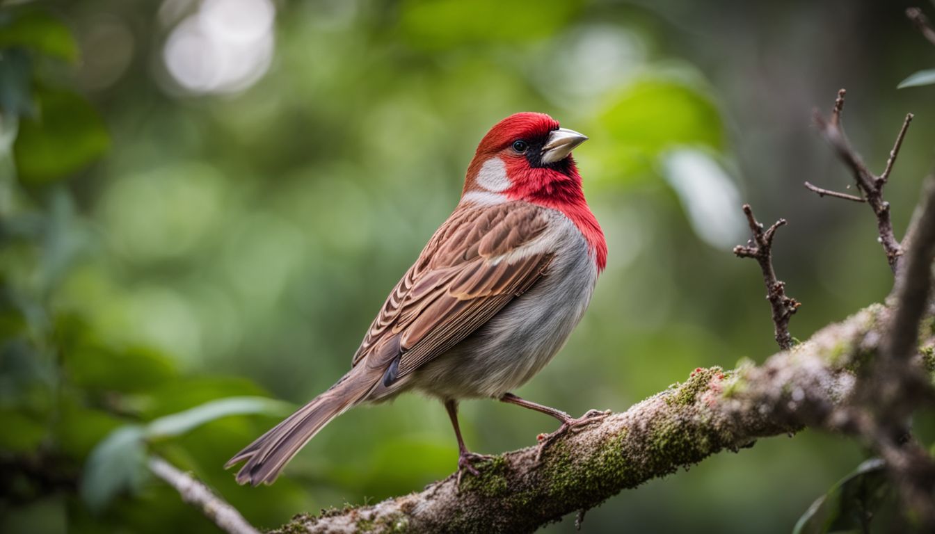 A male Red Headed Sparrow perched on a tree branch in a lush, wooded area.