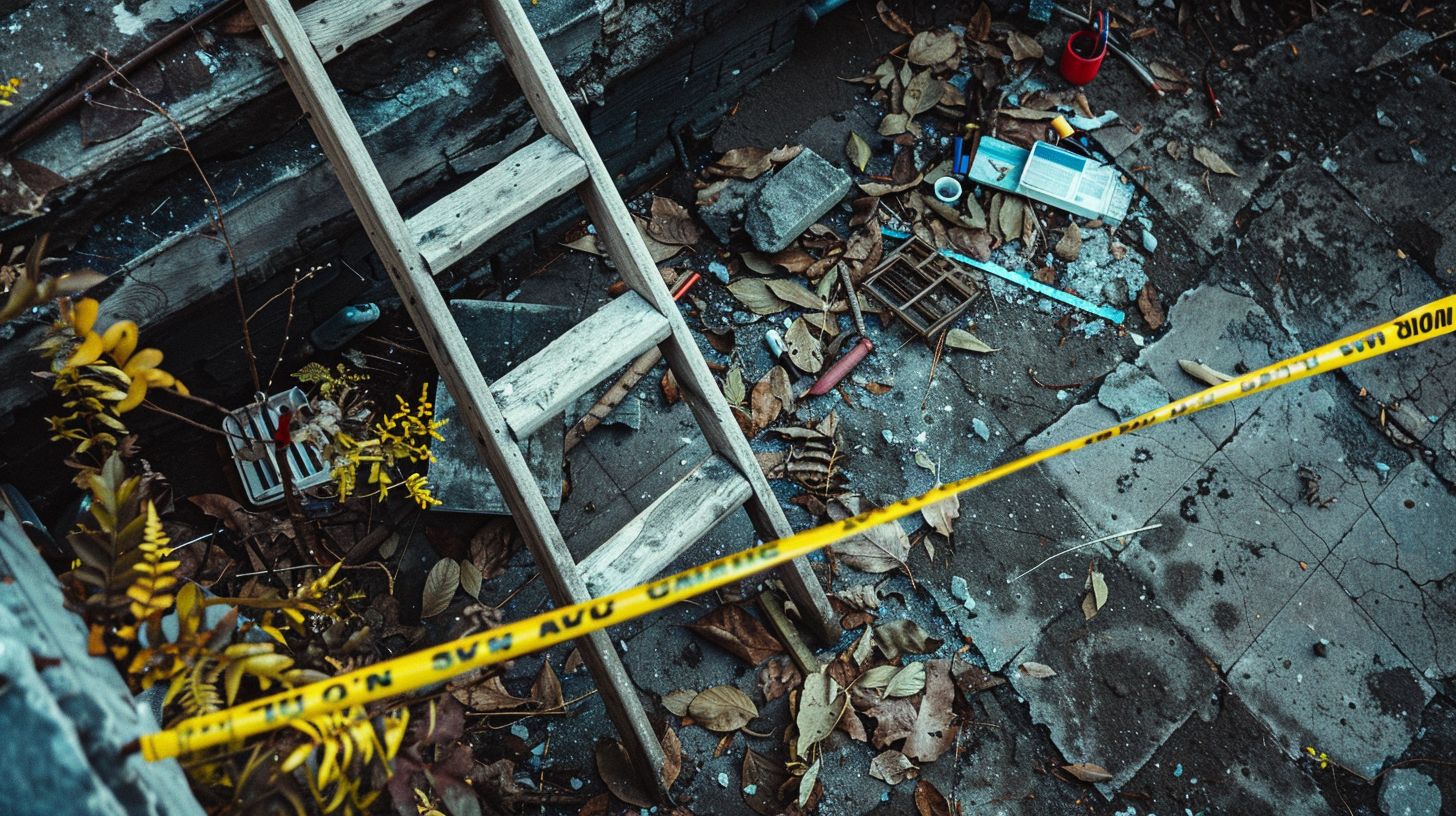 A fallen ladder surrounded by caution tape and scattered belongings.
