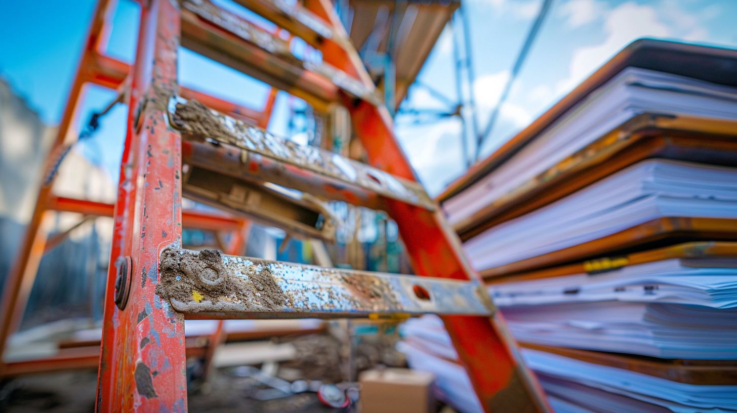 A broken ladder surrounded by legal documents at a construction site.