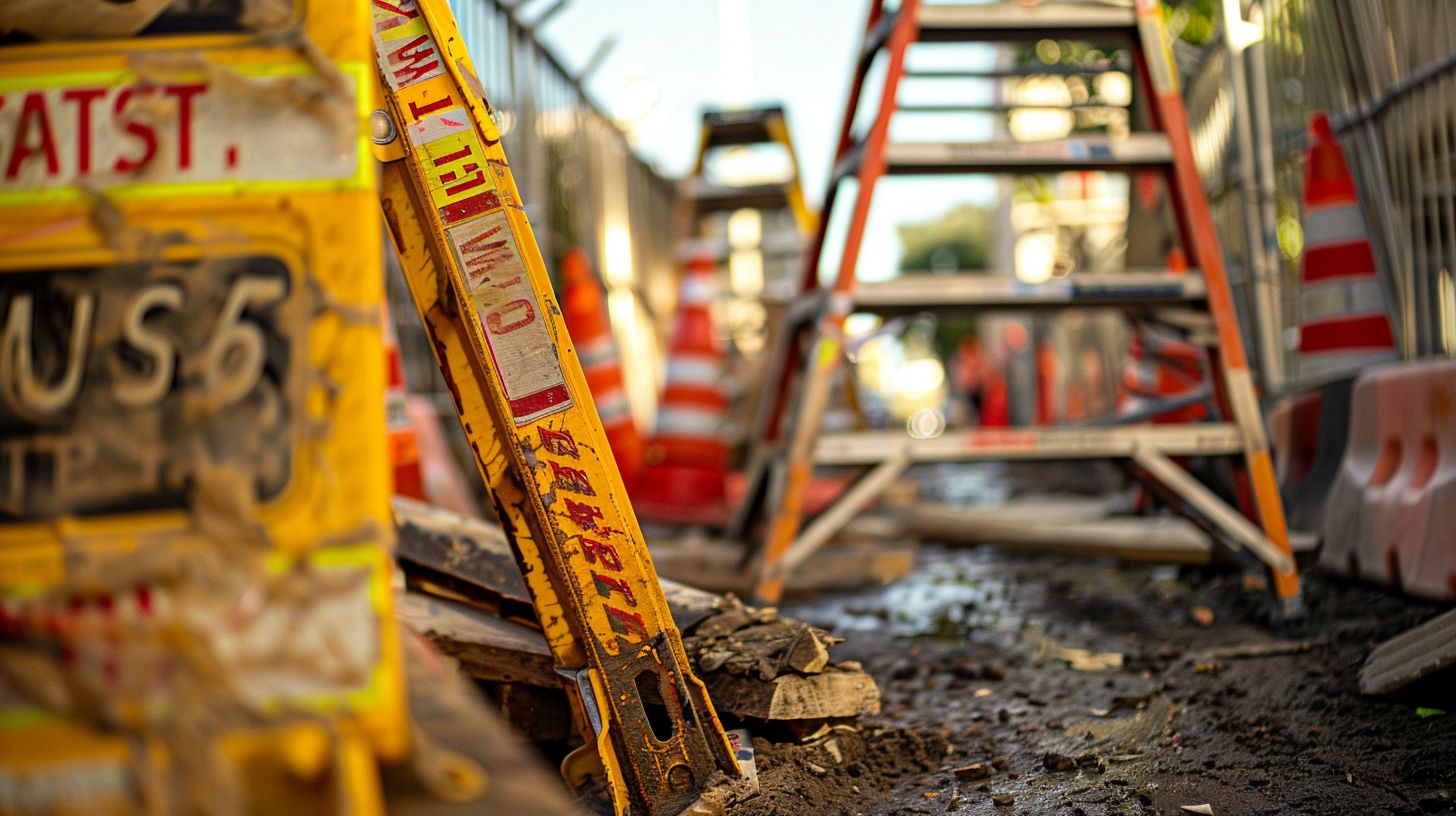 A construction site with a toppled ladder and caution signs.