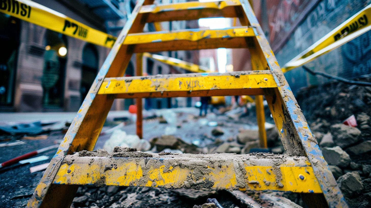 A broken ladder surrounded by caution tape and construction debris.
