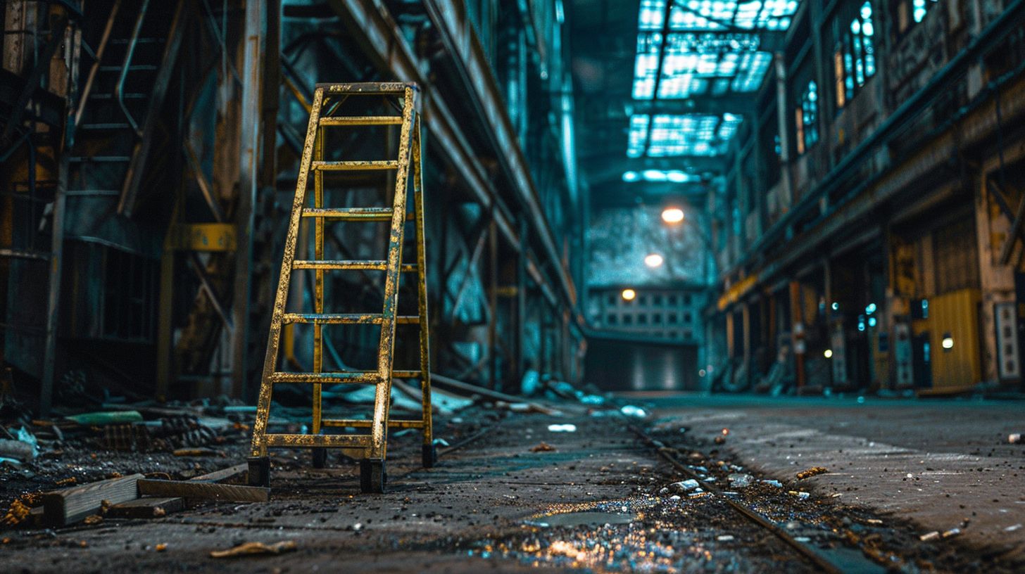 An empty ladder in an industrial setting with a person nearby.