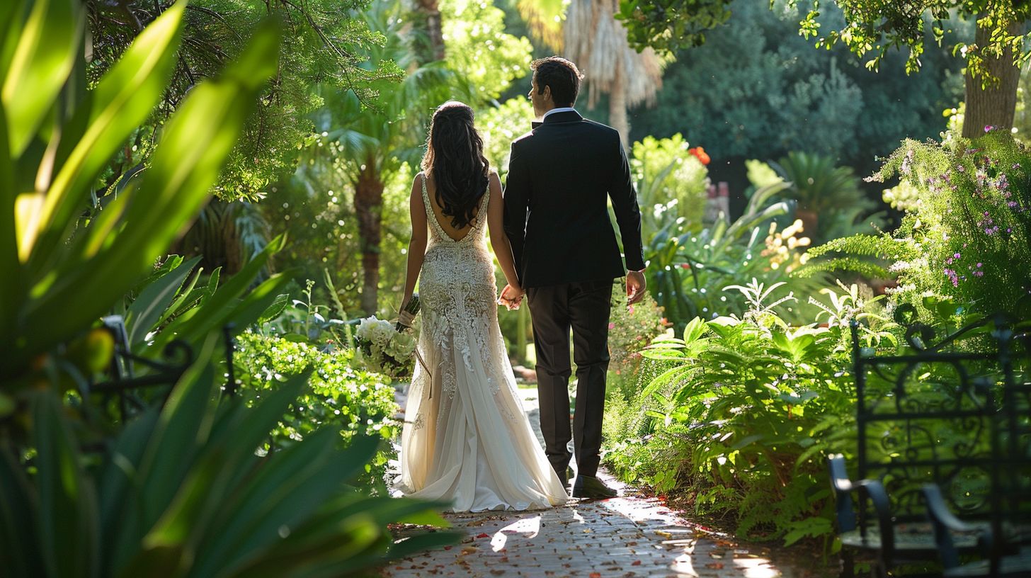 A bride and groom walking hand in hand through a serene garden setting.