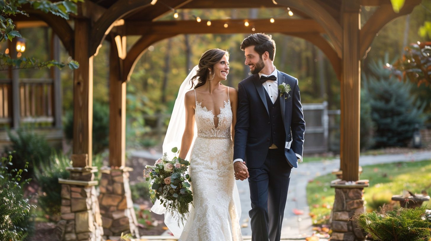 A newlywed couple walks through a picturesque outdoor wedding venue holding hands.