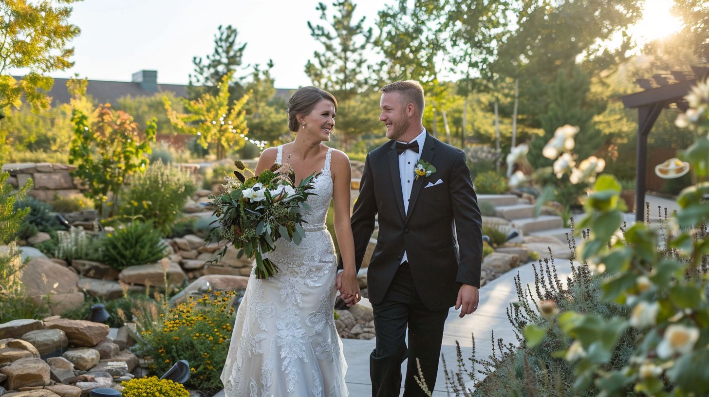 A newlywed couple walks through a picturesque outdoor wedding venue holding hands.