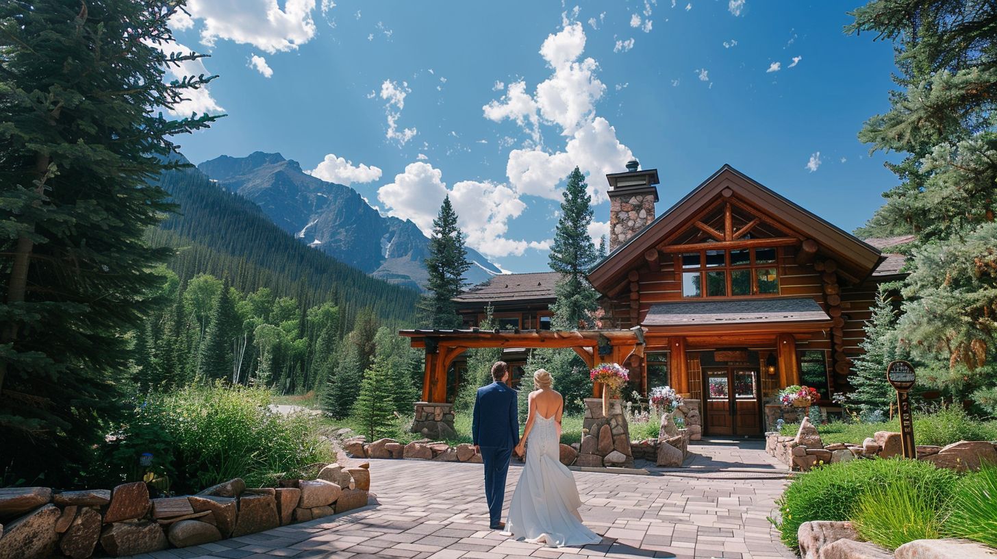 The image shows a newlywed couple standing at the entrance of a lodge in the Rocky Mountains.