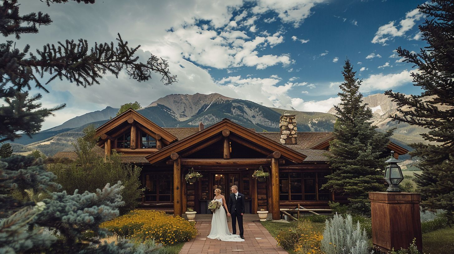 The image shows a newlywed couple standing at the entrance of a lodge in the Rocky Mountains.