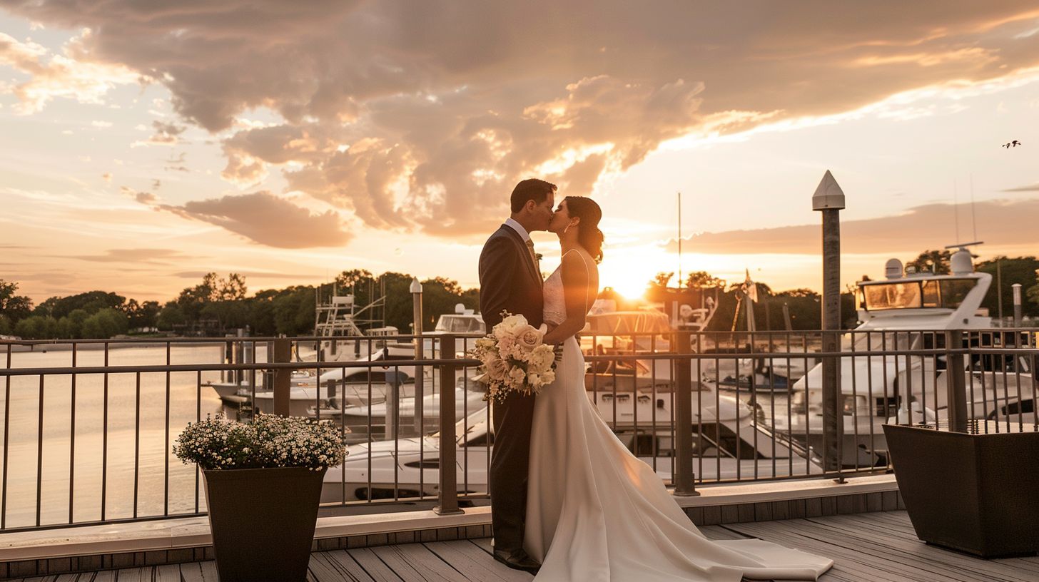 A newlywed couple shares a kiss on the Epping Forest Yacht Club terrace at sunset.