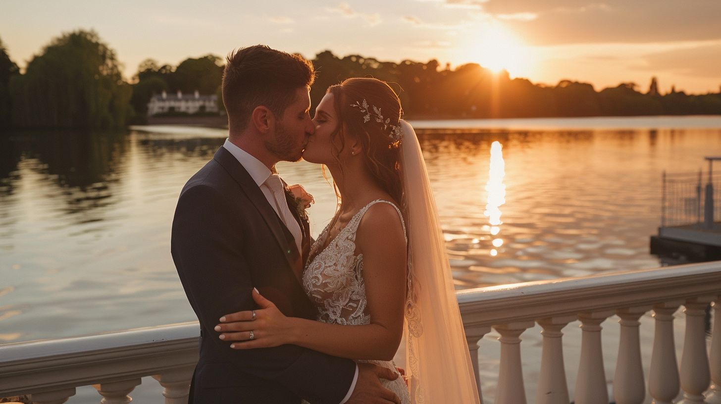 A newlywed couple shares a kiss on the Epping Forest Yacht Club terrace at sunset.